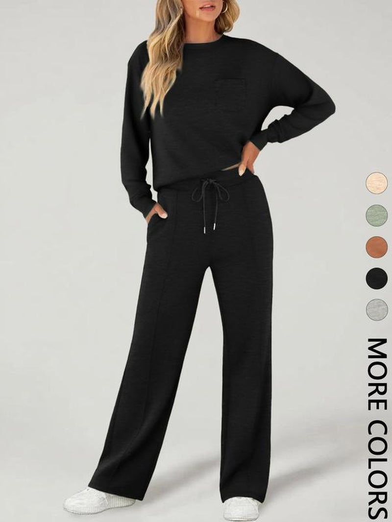2-Piece Women'S Casual Long Sleeve Pocket Sportswear Set, Stylish Comfortable Wide Leg Athletic Set for All Seasons