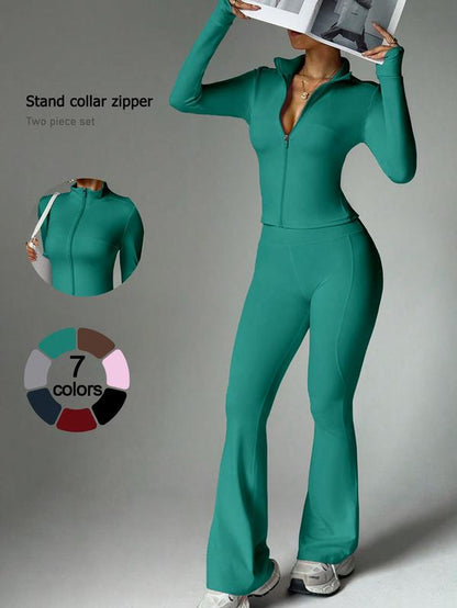 2 Piece Set Women'S Activewear Set Full Zipper Stand Collar Jacket Long Sleeve with Thumbholes High-Waisted Tummy Control and Butt Lifting Flared Pants Slim Fit and Slimming Yoga Gym Running Casual and Versatile New Sportswear for Daily Wear
