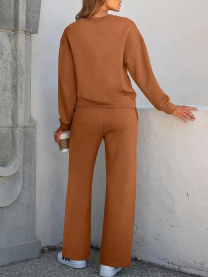 2-Piece Women'S Casual Long Sleeve Pocket Sportswear Set, Stylish Comfortable Wide Leg Athletic Set for All Seasons