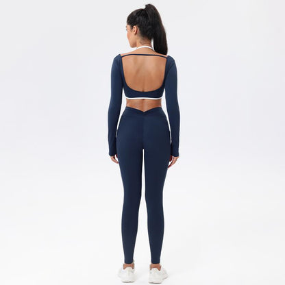 Workout Sets for Women 2 Piece Outfits Seamless High Waist Leggings Yoga Long Sleeve Crop Tops Athletic Gym Sets Elegante Sport Halter Bra for Gym Workout Sets for Women Free Gift: Athletic Shorts