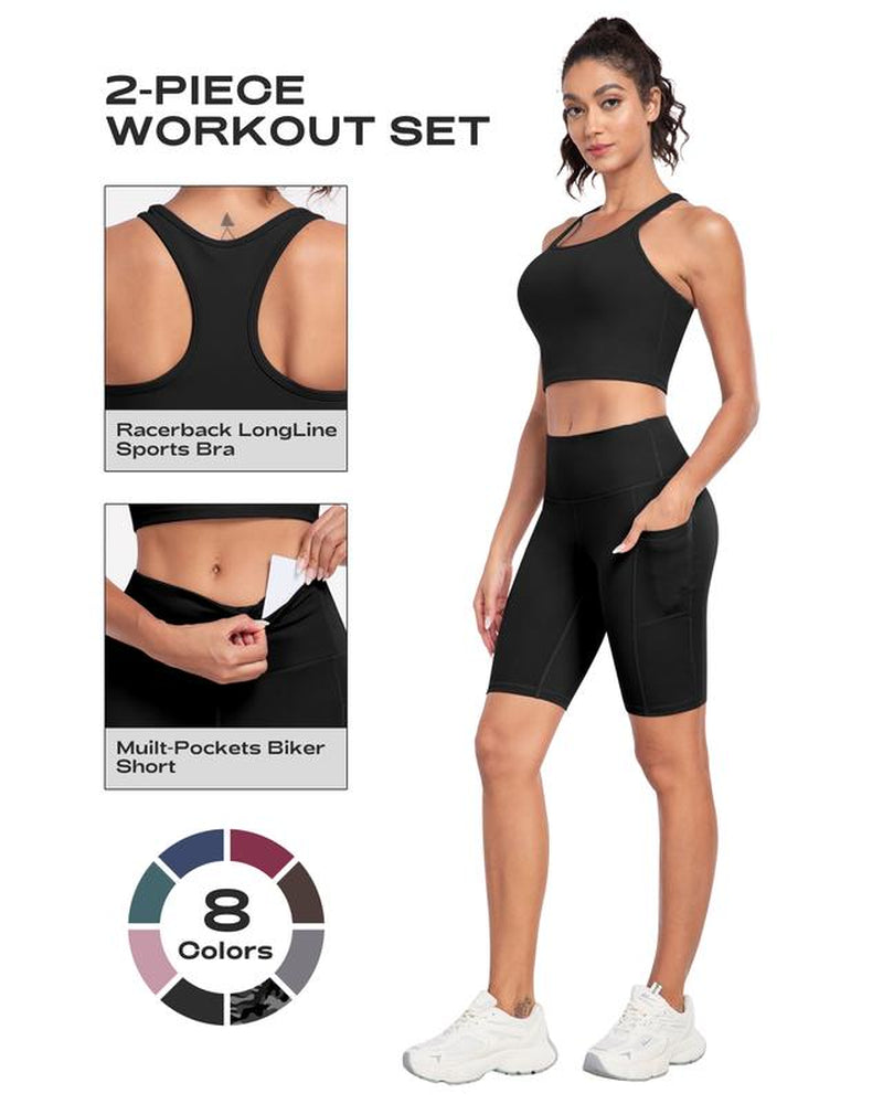 【LOCAL FAST SHIPPING】2026 New 2-Piece Workout Set - Racerback Longline Sports Bra High Impact + Tummy Control Biker Shorts with 1 Waist Hidden Pocket & 2 Side Pockets – Women’S Yoga Out Activewear for Gym Running Training