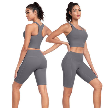 【LOCAL FAST SHIPPING】2026 New 2-Piece Workout Set - Racerback Longline Sports Bra High Impact + Tummy Control Biker Shorts with 1 Waist Hidden Pocket & 2 Side Pockets – Women’S Yoga Out Activewear for Gym Running Training