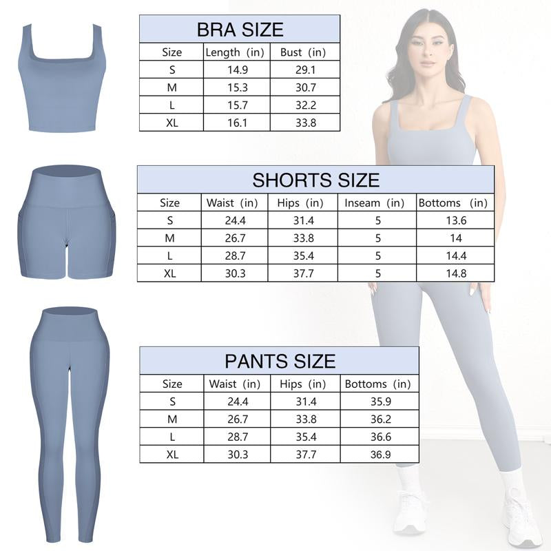 CHRLEISURE 3 Piece Workout Sets for Women High Waisted Leggings with Pockets Tummy Control Biker Shorts Yoga Sports Bra